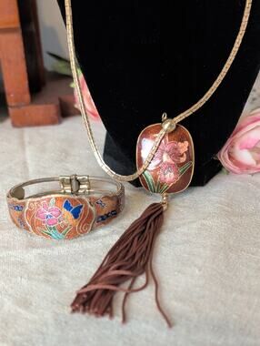 Vintage Cloisonné Style Orchid Tassel Necklace With Hinge Cuff Bracelet